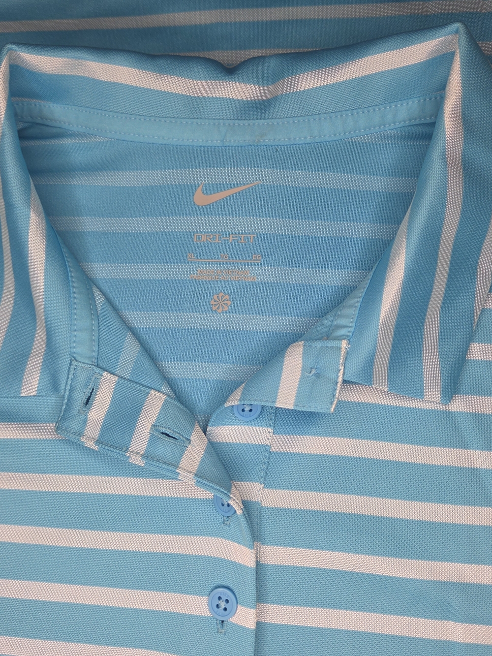 Nike Women’s Light Blue and White Striped Dri-FIT Golf Polo Size XL